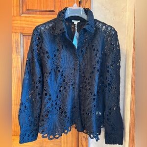 Ultra Pink NWT EMBROIDERED LACE Button Up Top XL Black